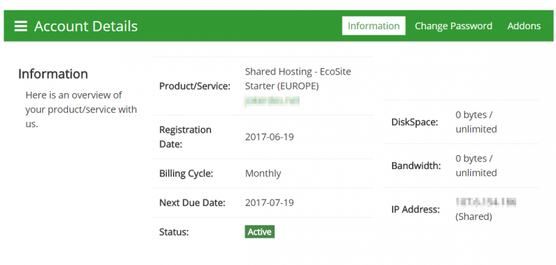GreenGeeks My Services Screen