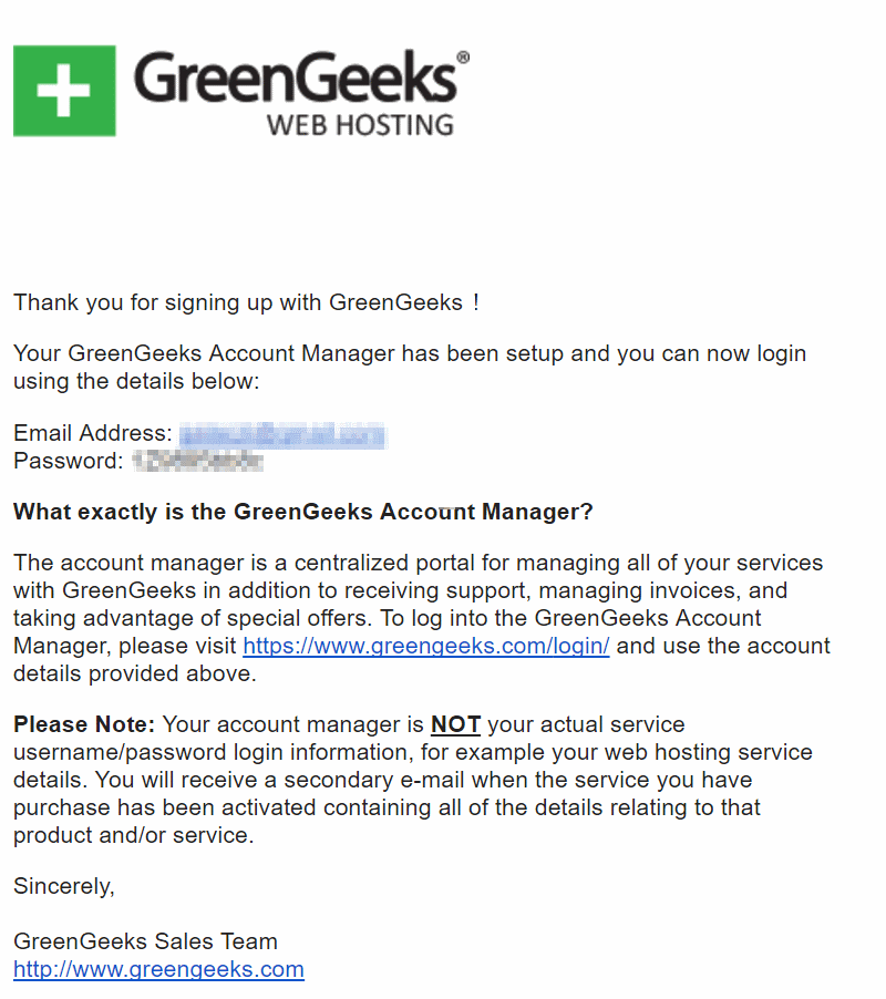 GreenGeeks Welcome Email